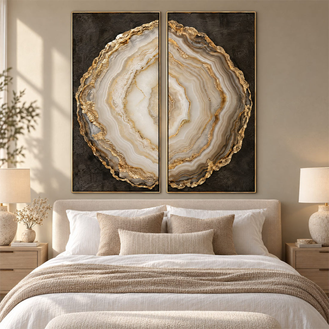 Agate geode two piece canvas set above a bed