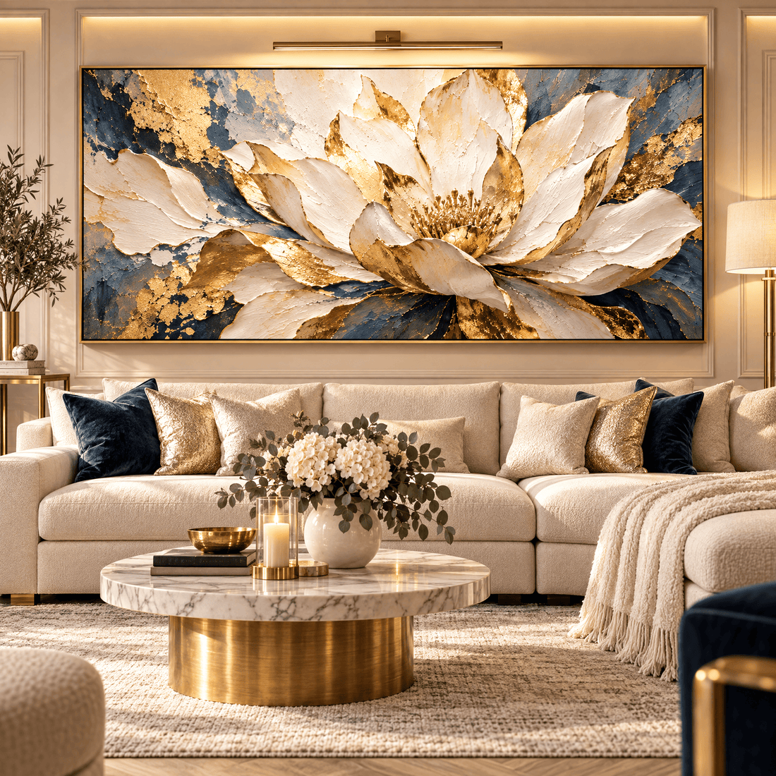 Oversized white and gold floral canvas in a grand living room with gold accents