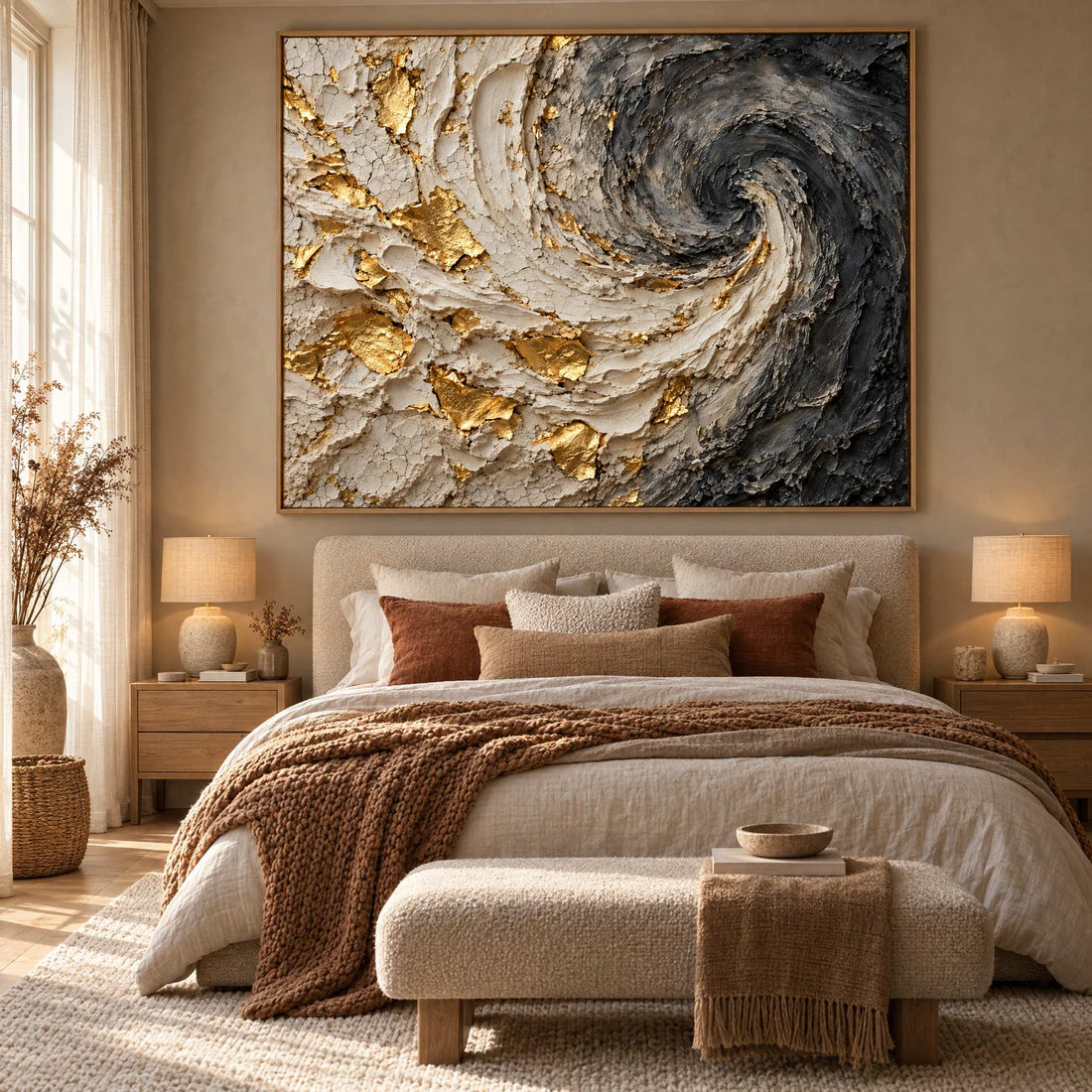 Black and Gold Swirl Wall Art – Oversized Charcoal and Cream Textured Look Canvas for Living Room