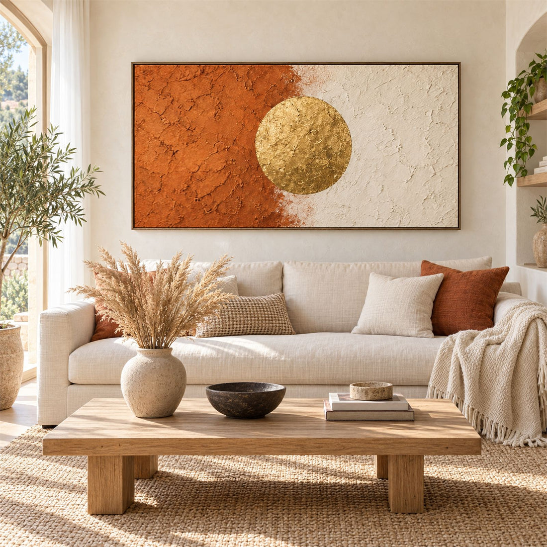 Panoramic rust and cream canvas with a gold leaf sun above a linen sofa in a sunlit living room