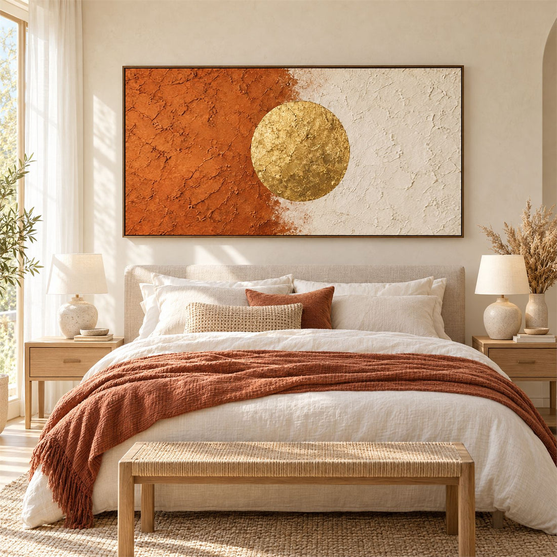 Rust and gold panoramic canvas above a bed