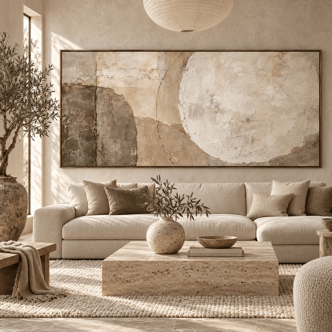 Oversized minimalist wabi sabi canvas in a wabi sabi living room
