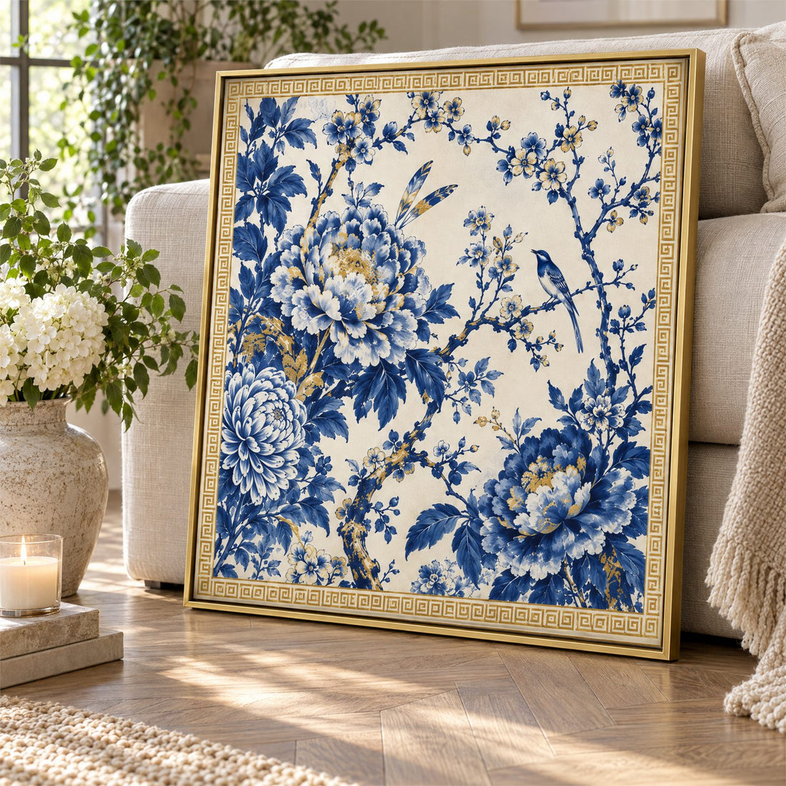 Close view of the chinoiserie canvas showing the cobalt peonies and gold branch detail