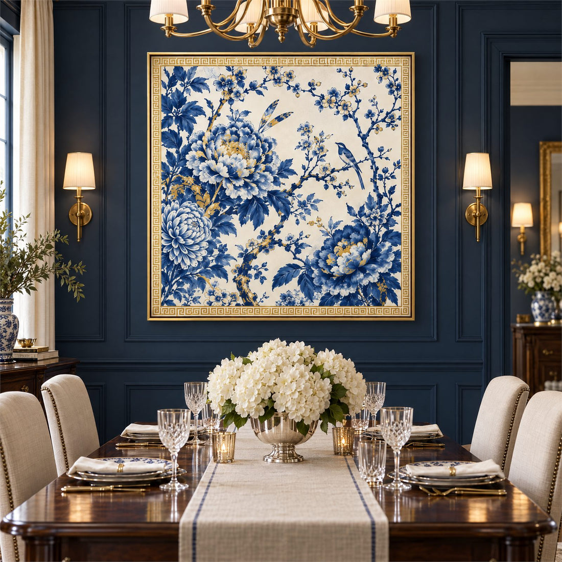 Chinoiserie blue and white canvas hanging in a formal dining room
