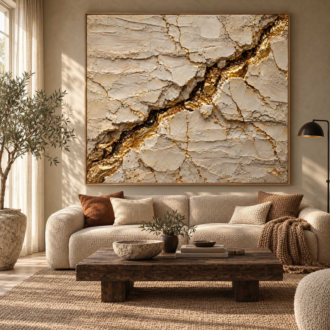 Cream and Gold Wall Art – Oversized Cracked Plaster Textured Look Canvas with Gold Seam for Living Room