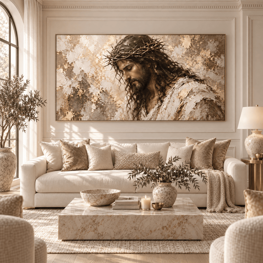 Crown of Thorns panoramic Christian canvas hanging above a cream sofa in a bright living room