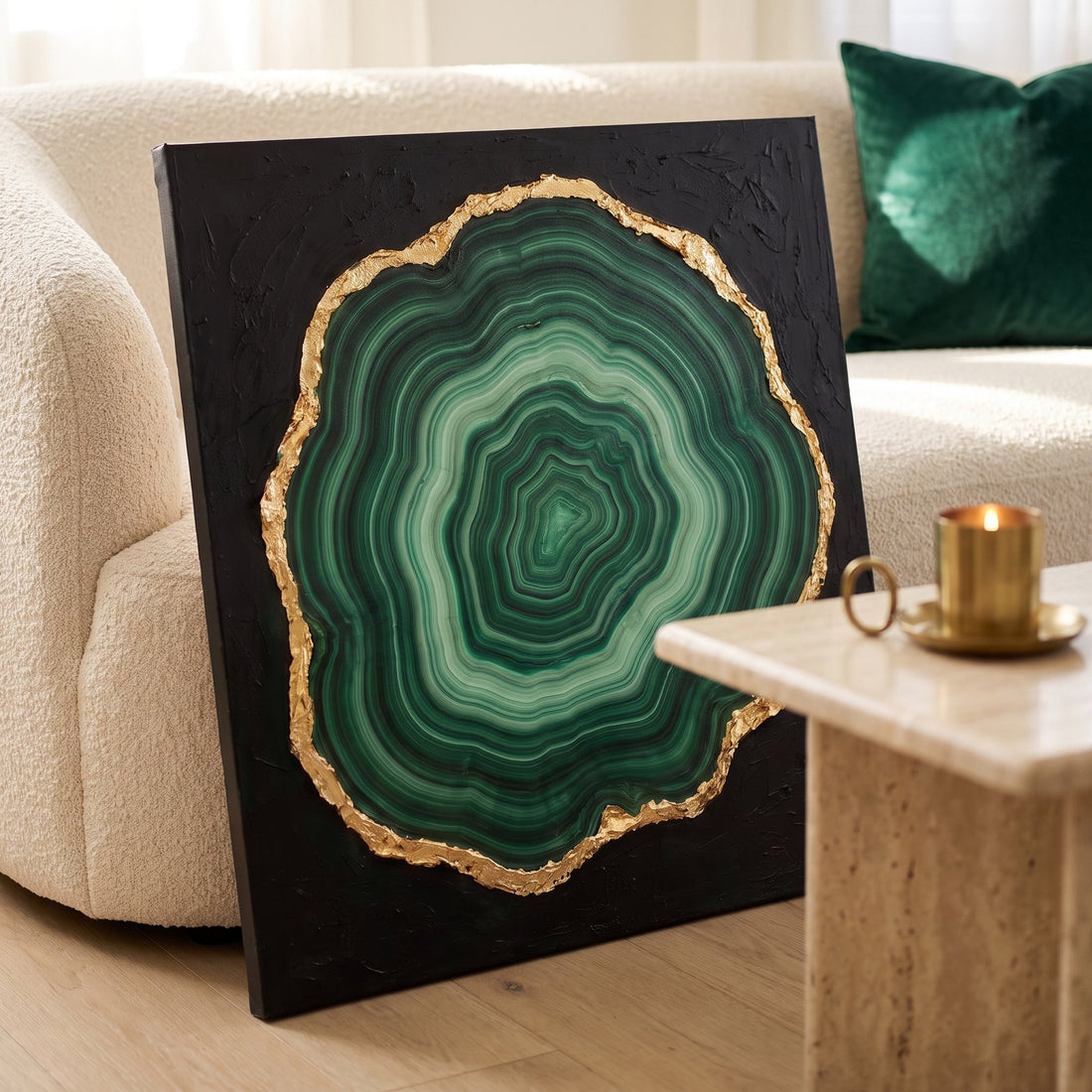Close-up of the malachite canvas showing the gold leaf rim and banded texture