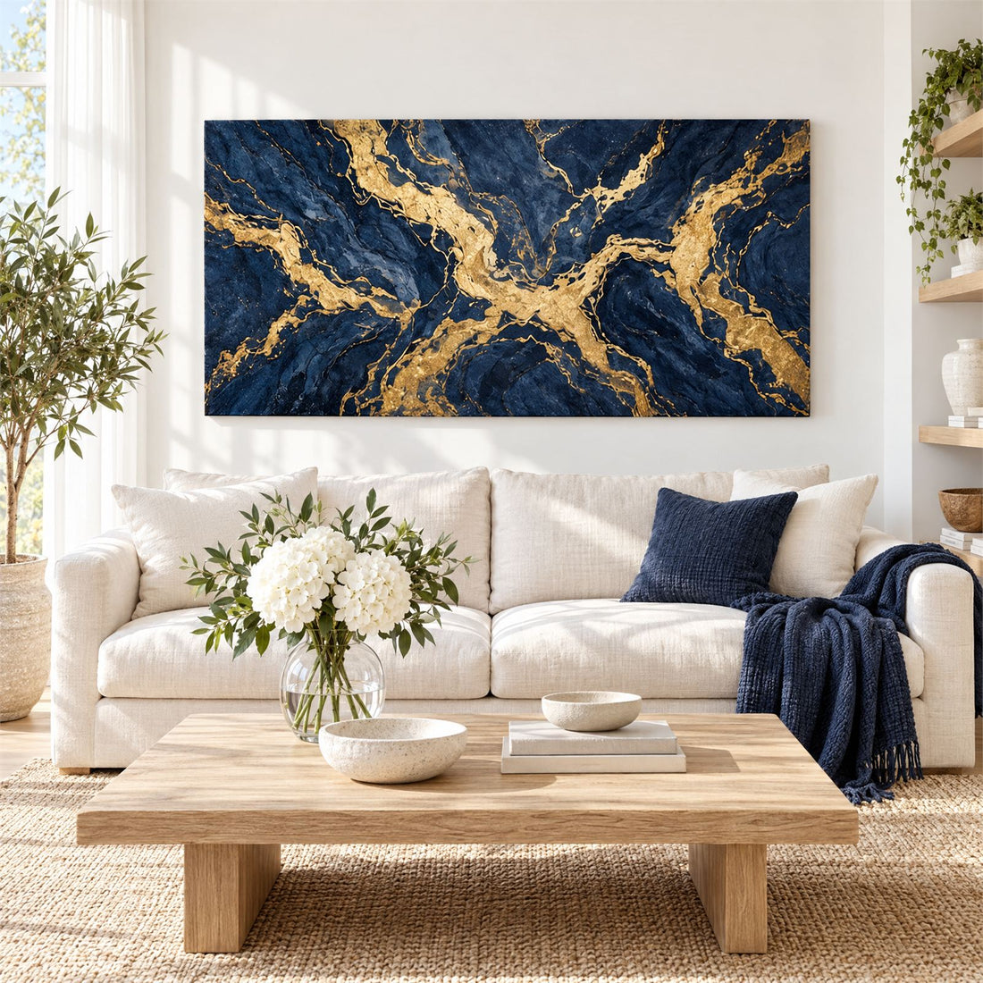 Panoramic navy marble canvas with heavy gold veining above a cream sofa