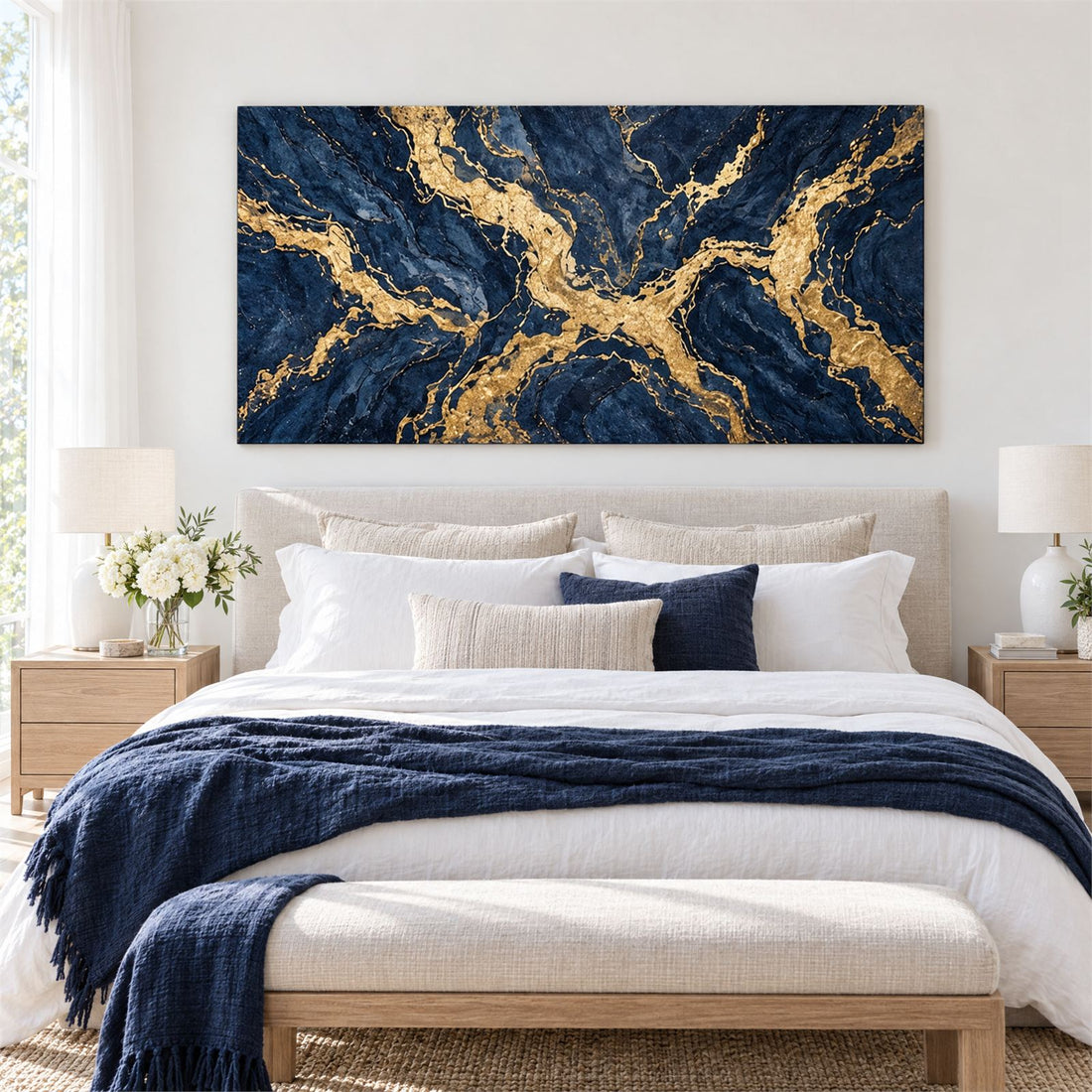 Navy and gold marble panoramic canvas above a bed