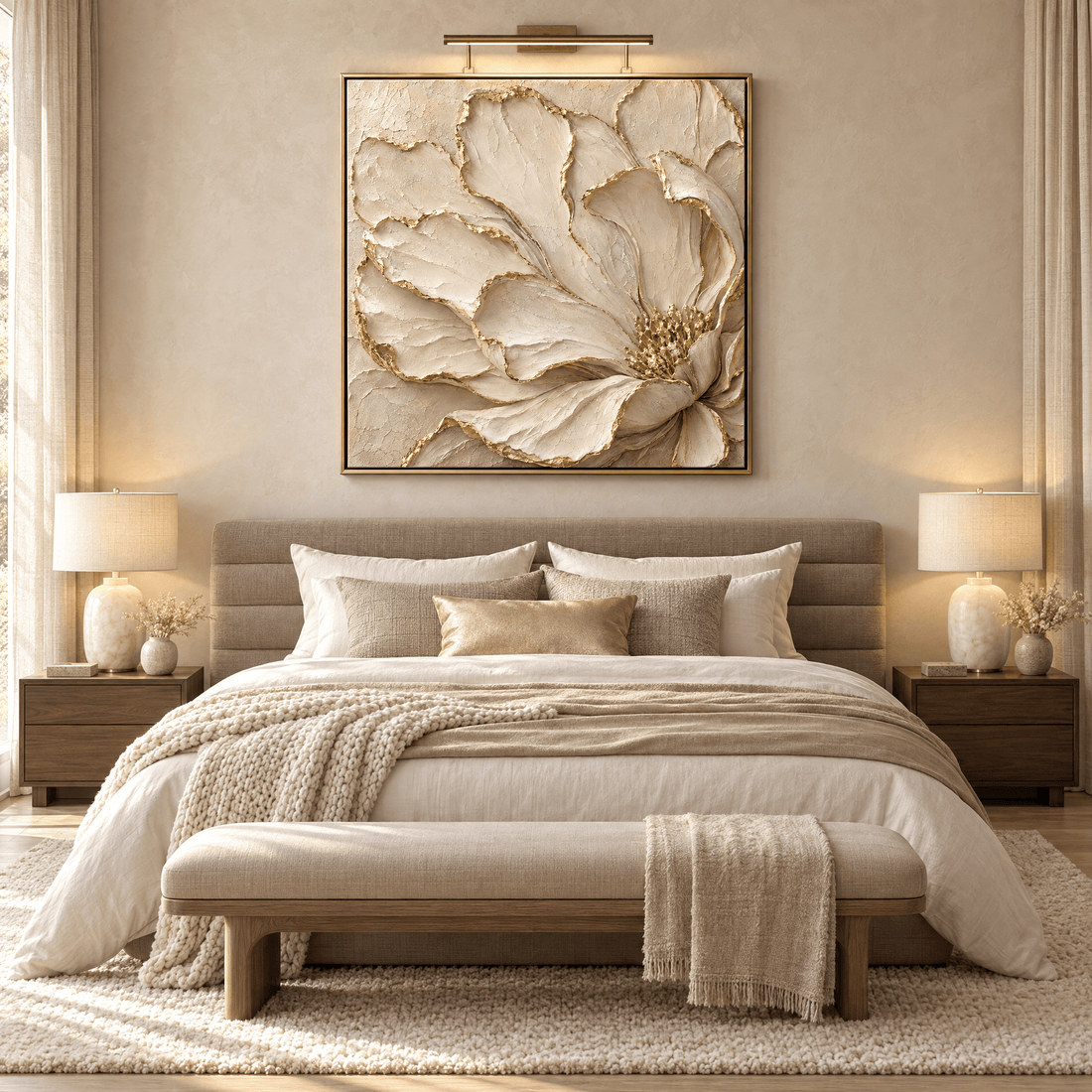 Oversized cream and gold flower canvas above the bed in a neutral primary bedroom