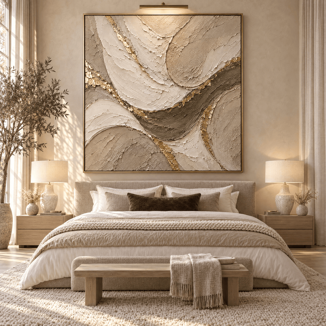 Oversized cream and sage textured abstract canvas above the bed in a neutral bedroom