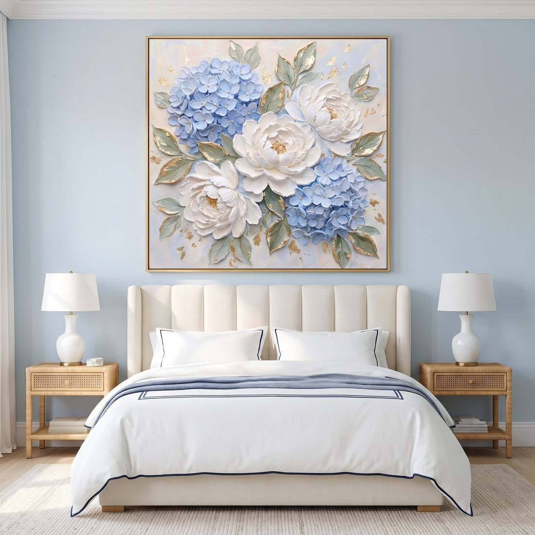 Blue and white floral wall art above the bed in a powder blue bedroom