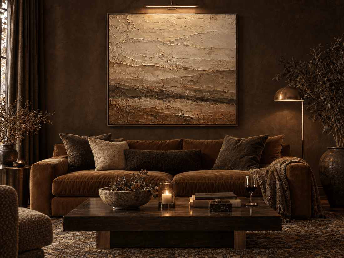 Textured abstract landscape canvas above a brown velvet sofa in a moody chocolate lounge