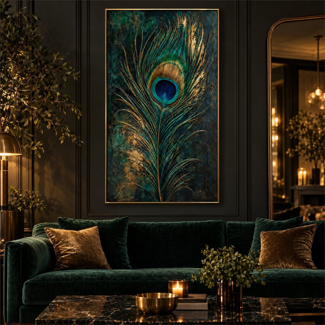 Emerald and gold peacock feather canvas above a green velvet sofa in a dark panelled living room