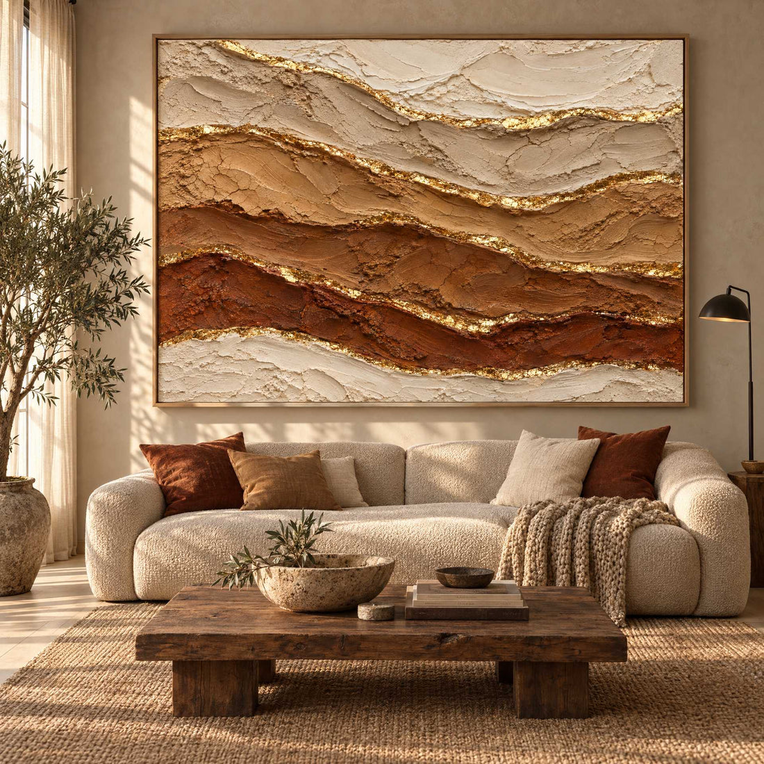 Rust and Gold Wall Art – Oversized Desert Strata Layered Textured Look Canvas for Living Room