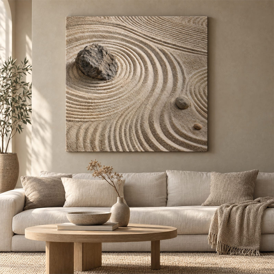 Zen garden raked sand canvas above a linen sofa in a warm minimal living room