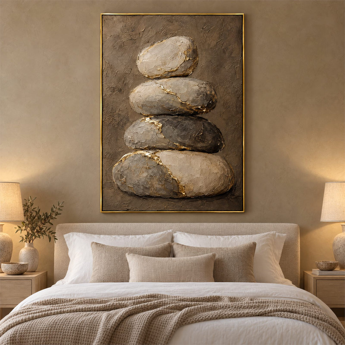 Tall stone cairn canvas above a bed