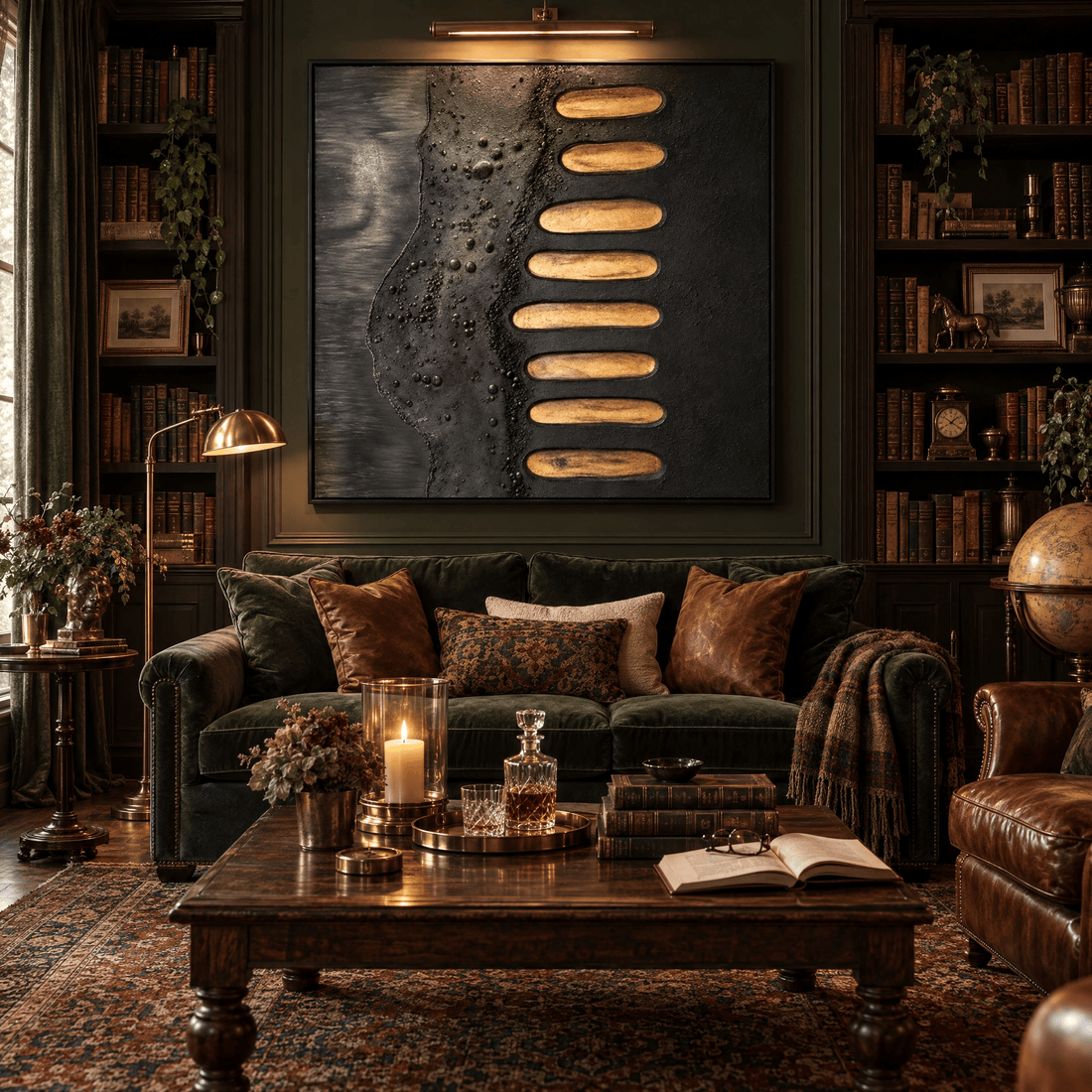 Minimalist black and gold canvas in a dark academia library