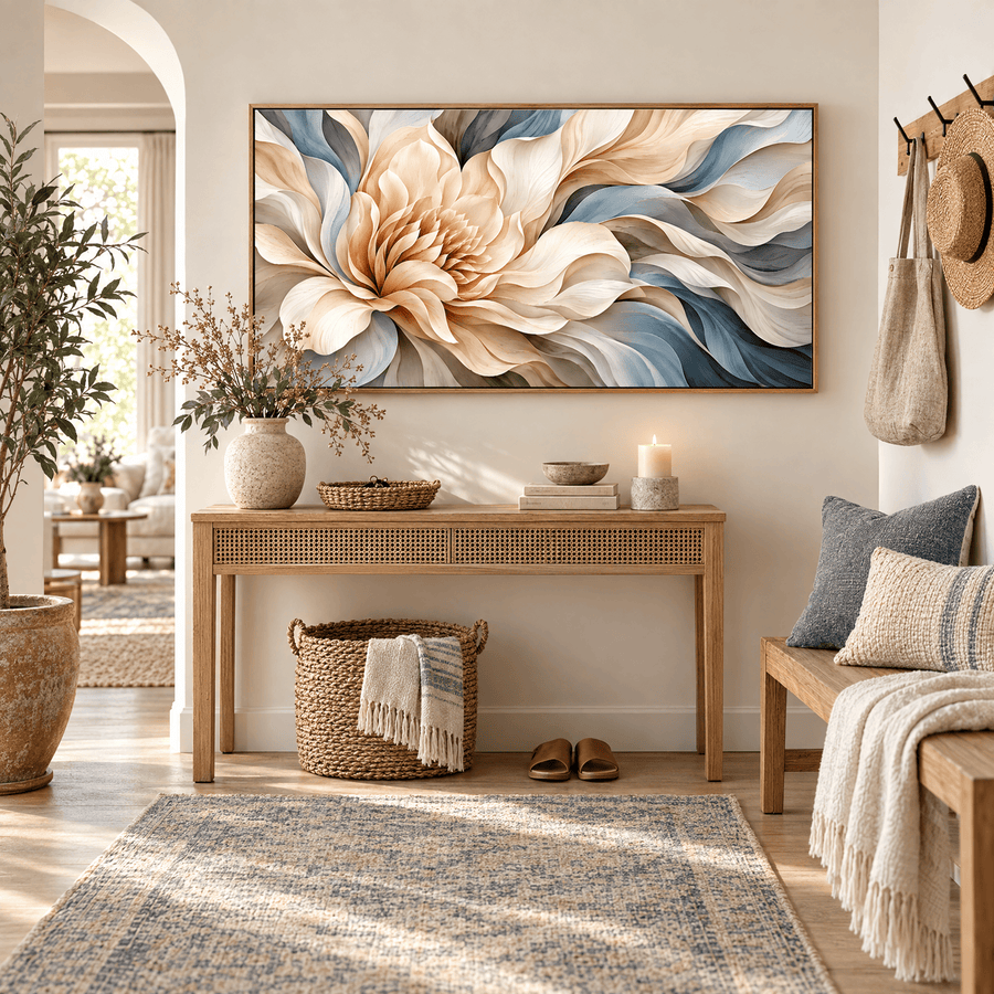 Alabaster Bloom panoramic floral canvas in an entryway