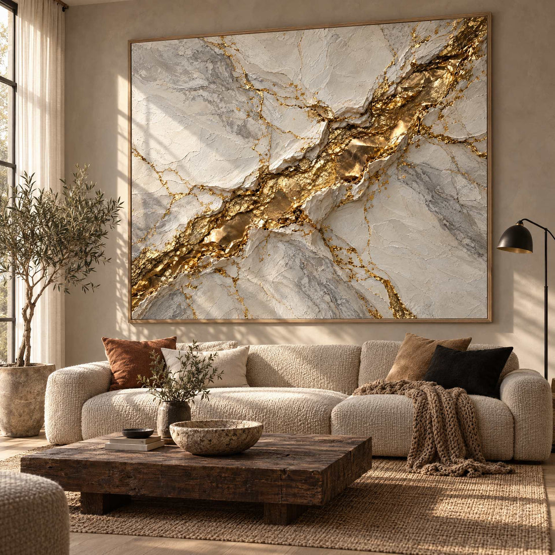 White Marble Wall Art – Oversized Gold Vein Drift Textured Look Canvas for Living Room and Entryway