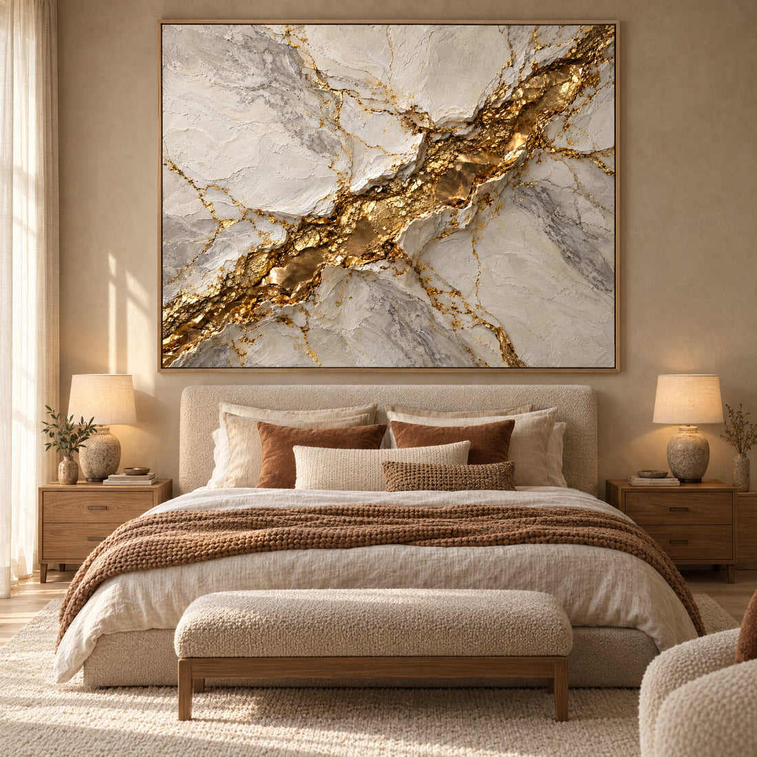 White Marble Wall Art – Oversized Gold Vein Drift Textured Look Canvas for Living Room and Entryway