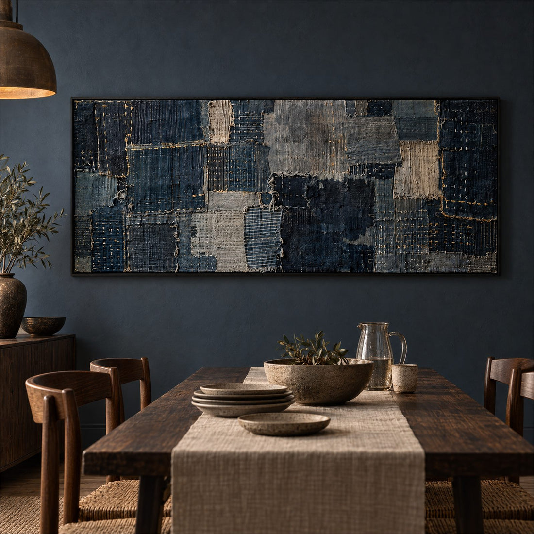 Boro patchwork canvas above a sideboard in a dining room