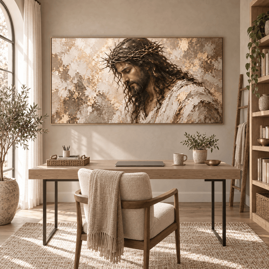 Crown of Thorns panoramic Christian canvas in a home office