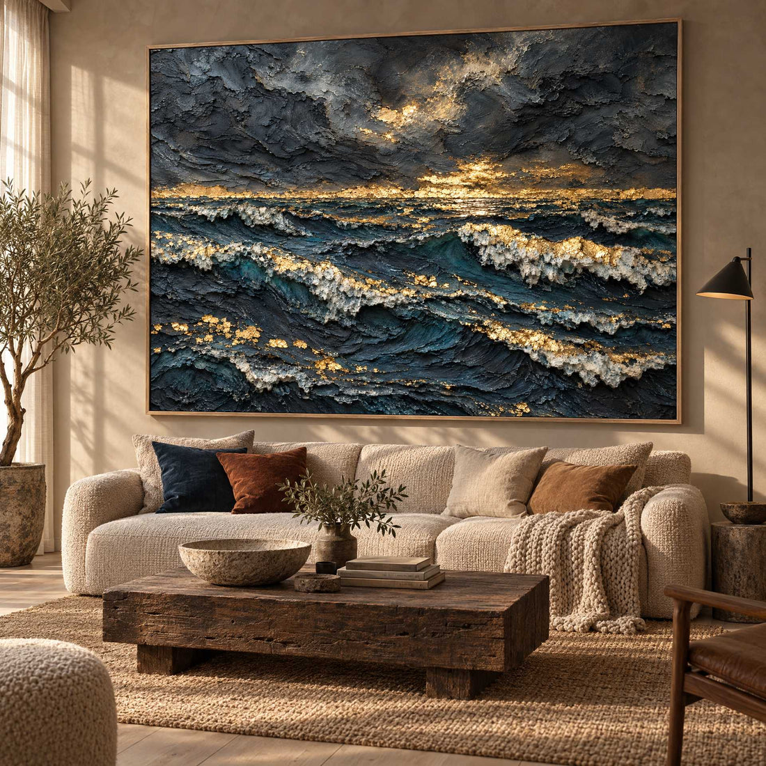 Dark Ocean Wall Art – Oversized Navy and Gold Stormy Sunset Textured Look Canvas for Living Room