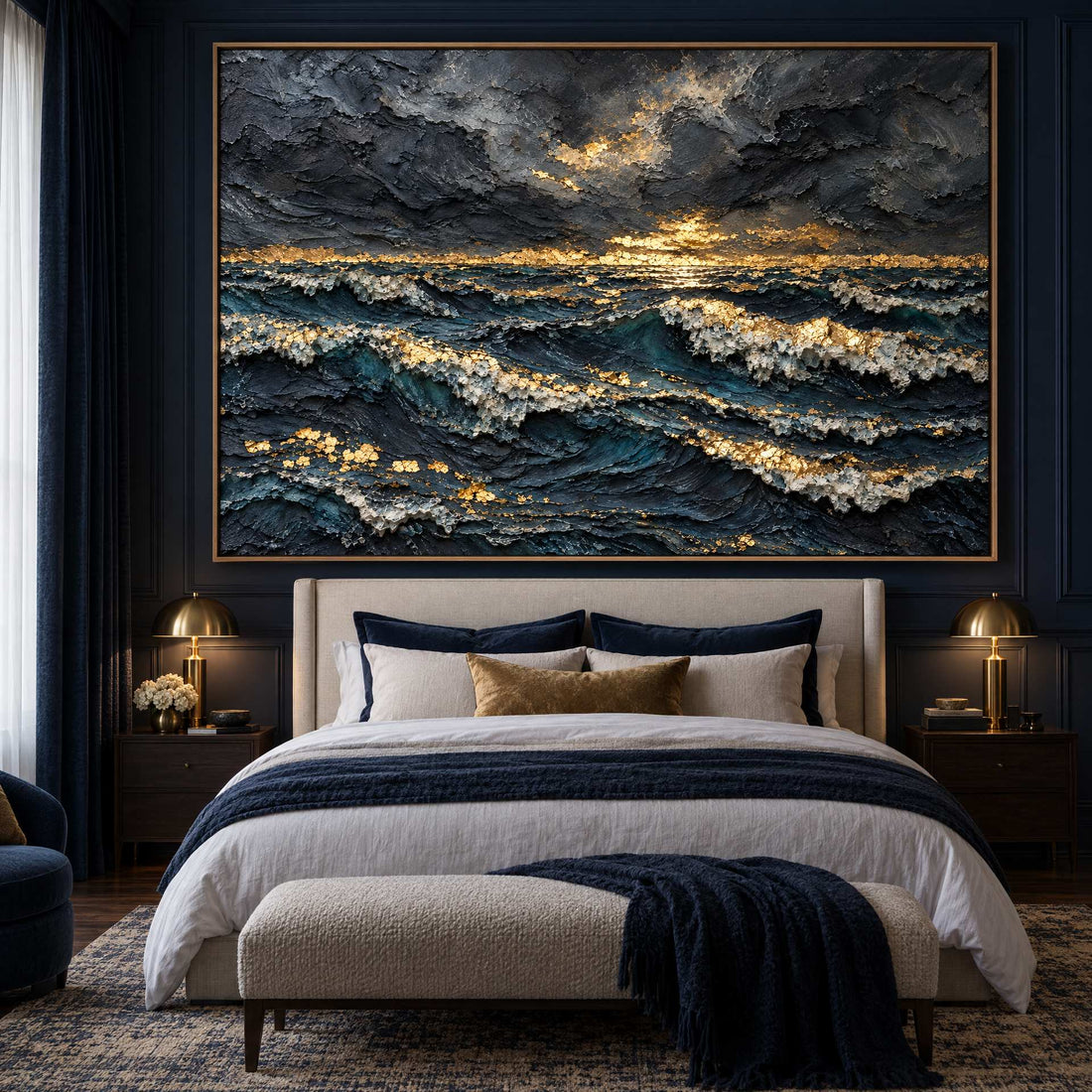 Dark Ocean Wall Art – Oversized Navy and Gold Stormy Sunset Textured Look Canvas for Living Room