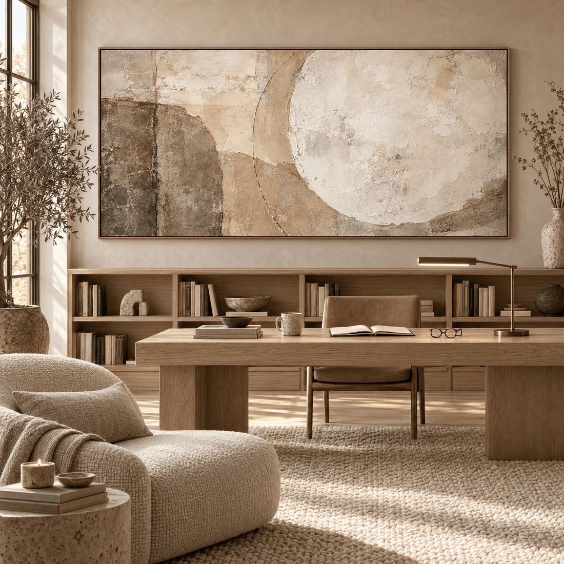 Minimalist neutral canvas in a quiet luxury study