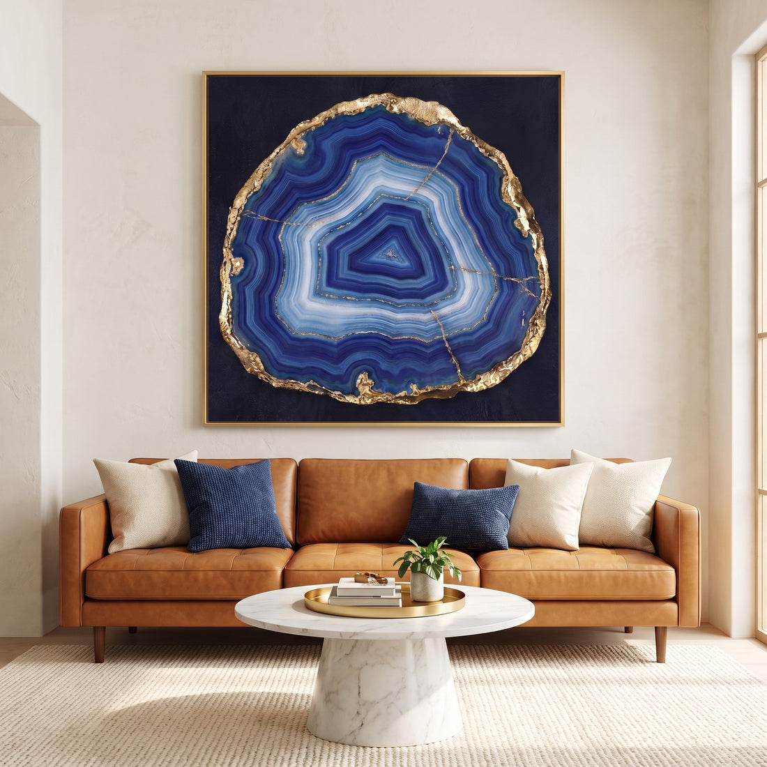 Navy blue and gold agate wall art above a cognac leather sofa