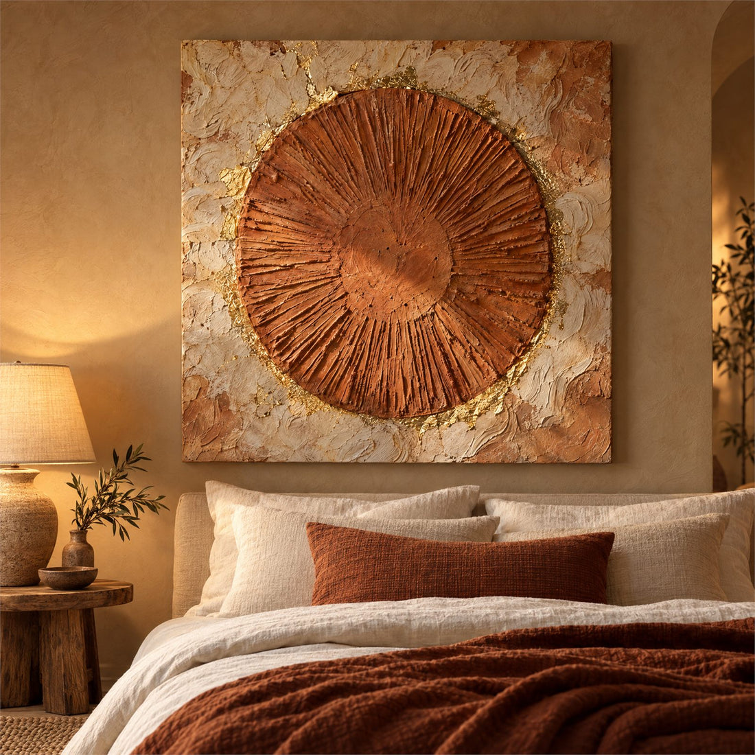 Rust and gold sun disc canvas above a bed