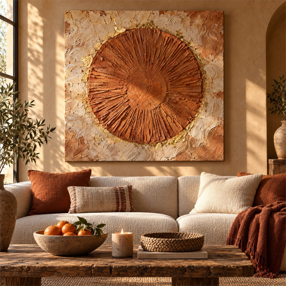 Terracotta sun disc canvas with gold rim above a boucle sofa in a warm Mediterranean living room