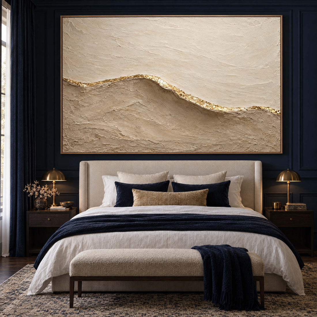 Beige and Gold Wall Art – Oversized Minimalist Sand Dune Textured Look Canvas for Bedroom and Living Room