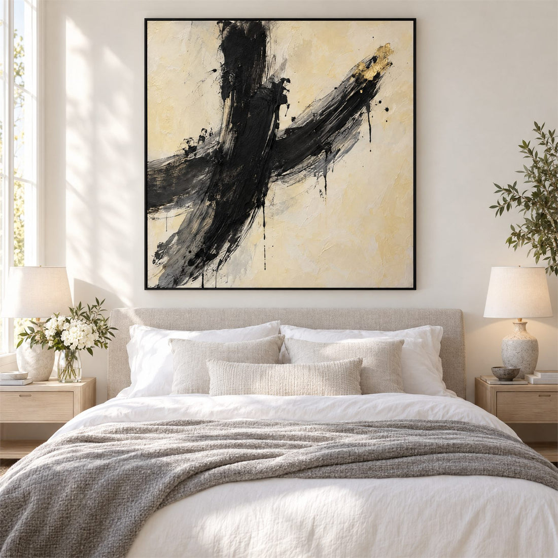 Abstract brushstroke canvas above a bed