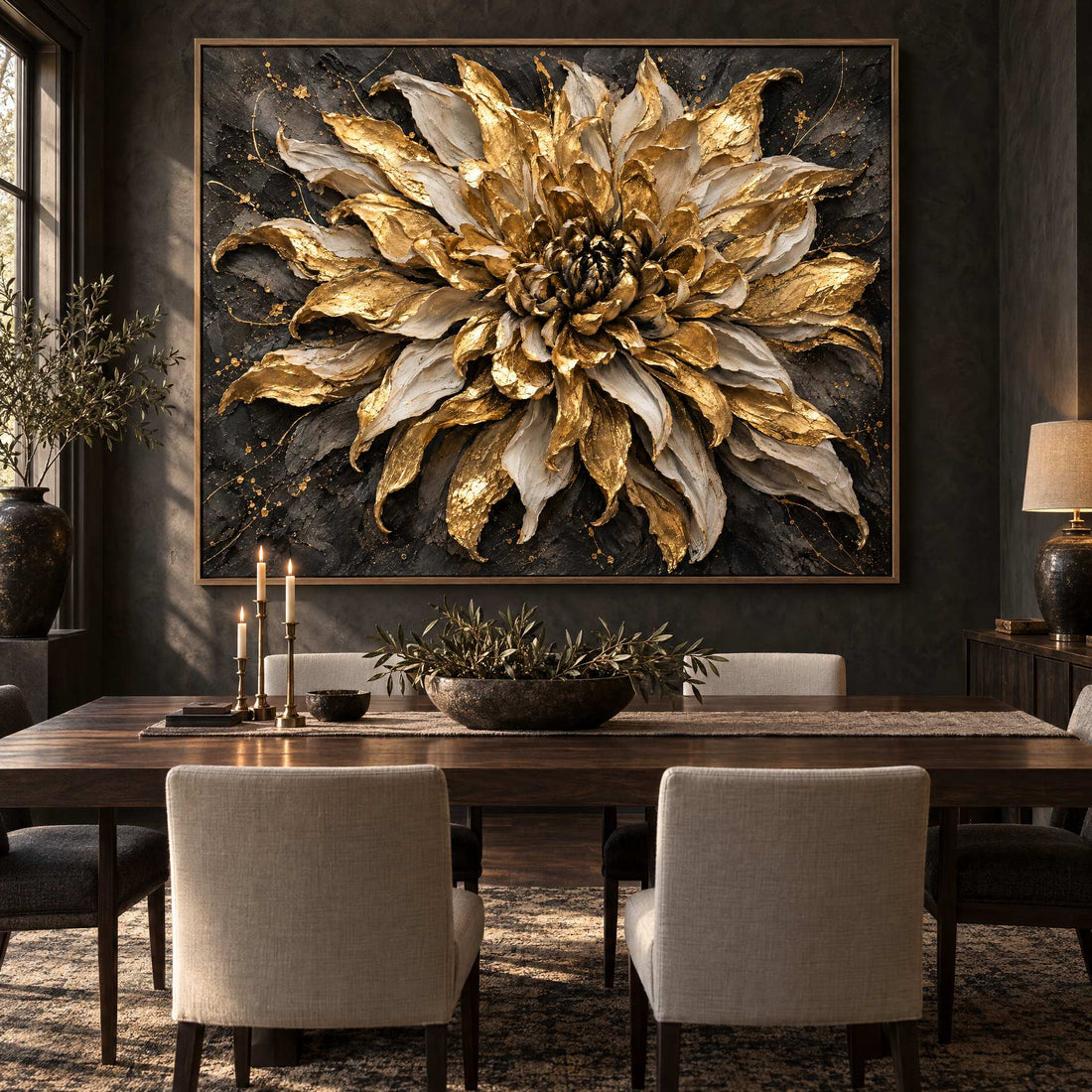 Black and Gold Flower Wall Art – Oversized Dramatic Bloom Textured Look Canvas for Living Room