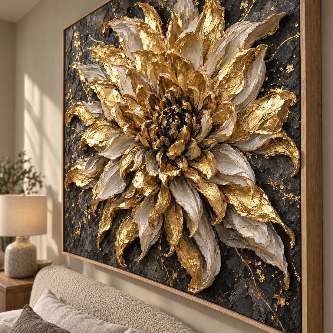 Black and Gold Flower Wall Art – Oversized Dramatic Bloom Textured Look Canvas for Living Room