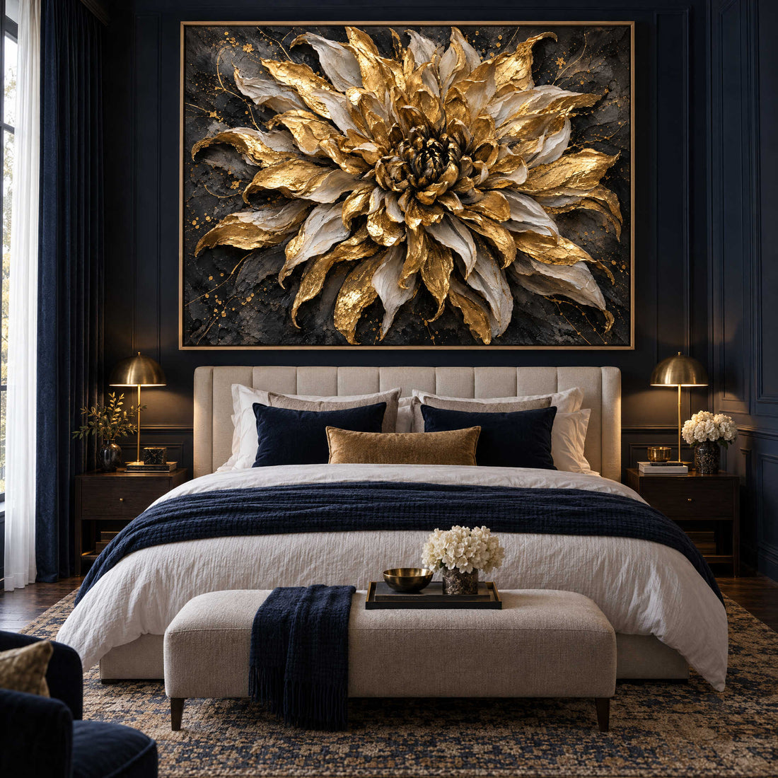 Black and Gold Flower Wall Art – Oversized Dramatic Bloom Textured Look Canvas for Living Room