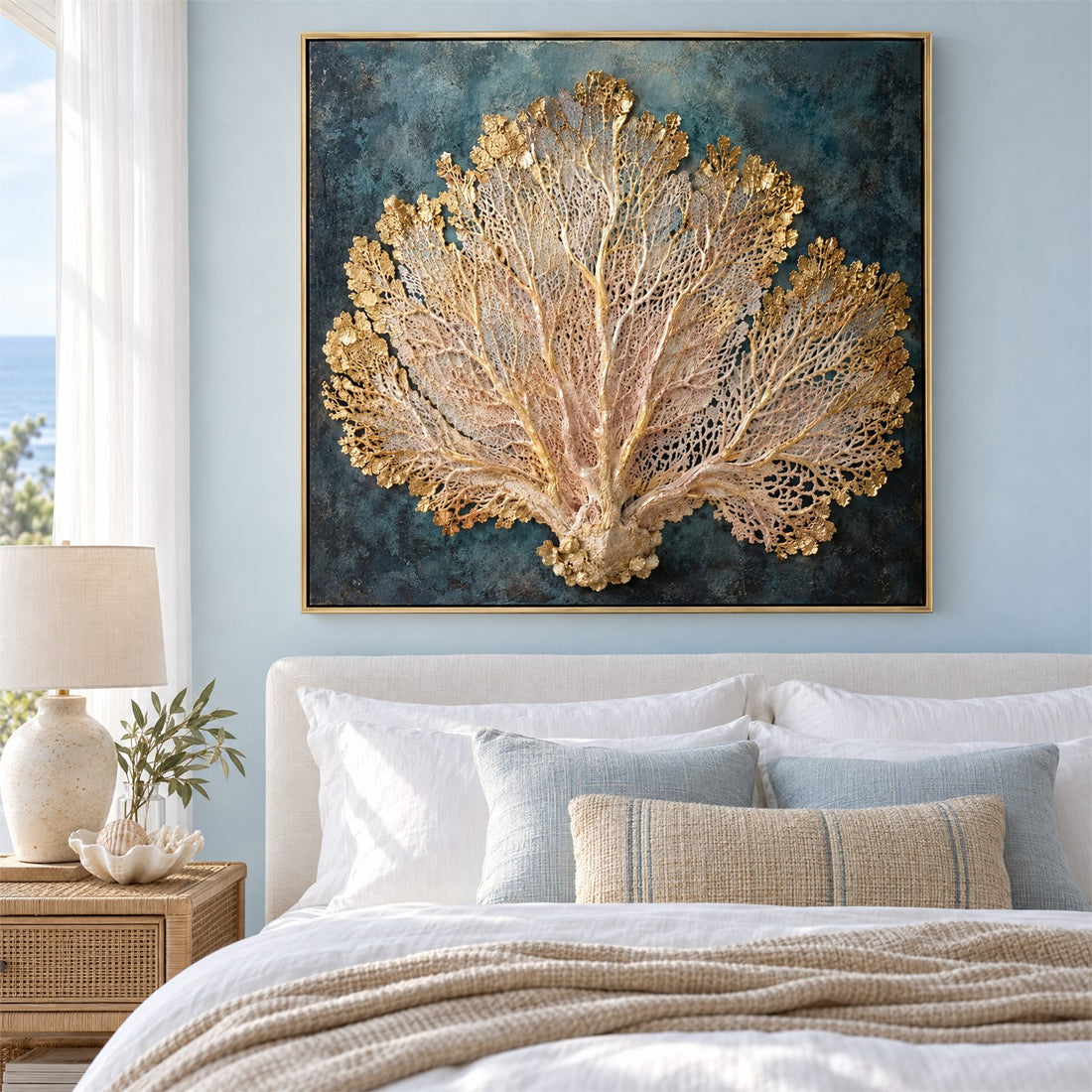 Gold and teal coral canvas centred above a bed