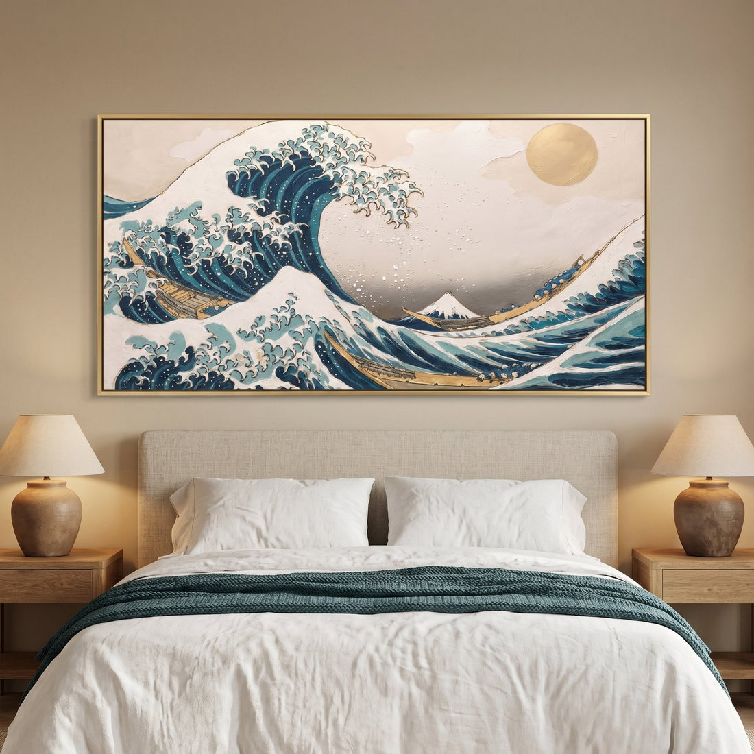 Teal and gold great wave wall art above a linen headboard