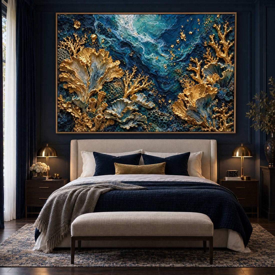 Teal and Gold Wall Art – Oversized Coral Reef Textured Look Canvas for Living Room and Bathroom
