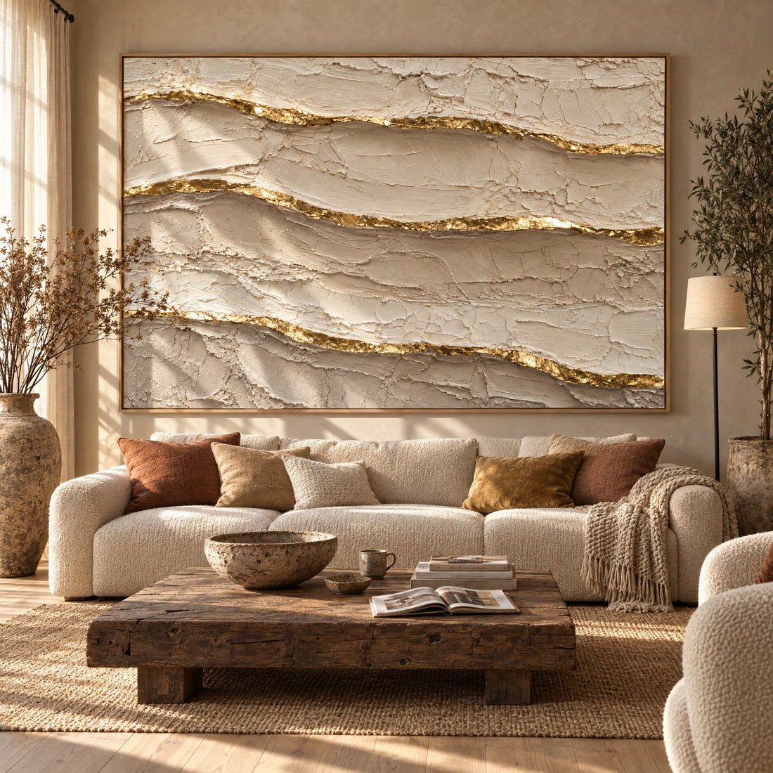 Ivory and Gold Wall Art – Oversized Layered Strata Textured Look Canvas for Bedroom and Living Room