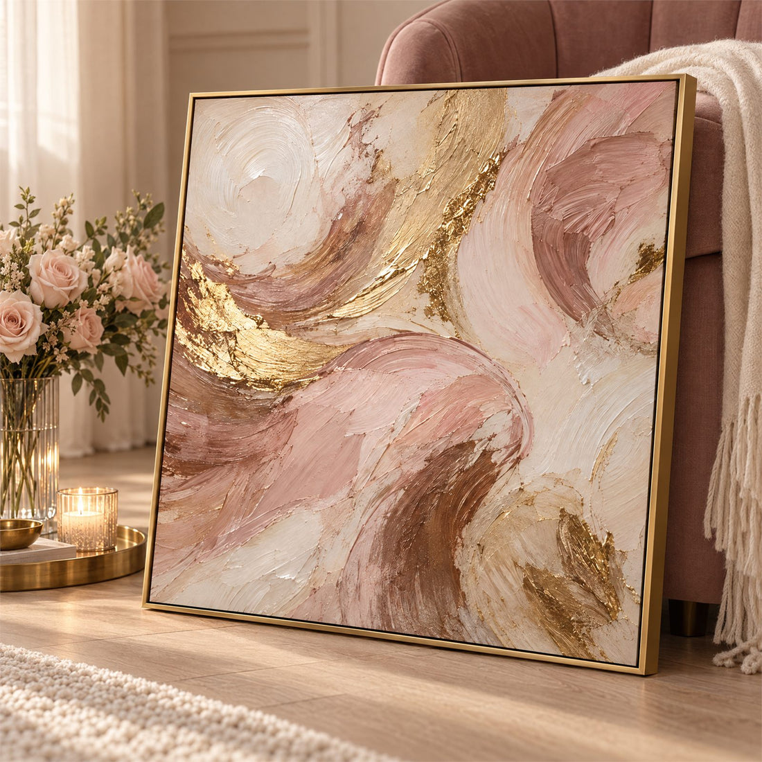 Close view of the blush abstract canvas showing thick brushstrokes and gold leaf seams