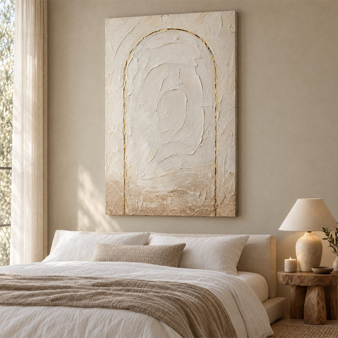 Minimalist plaster arch canvas in a neutral bedroom