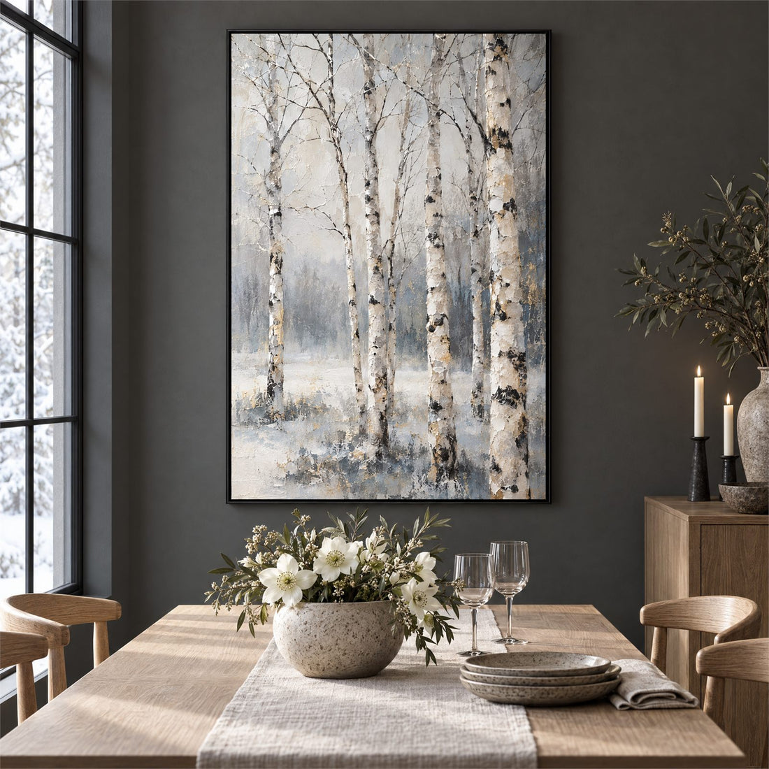 Birch forest canvas hanging in a dining room