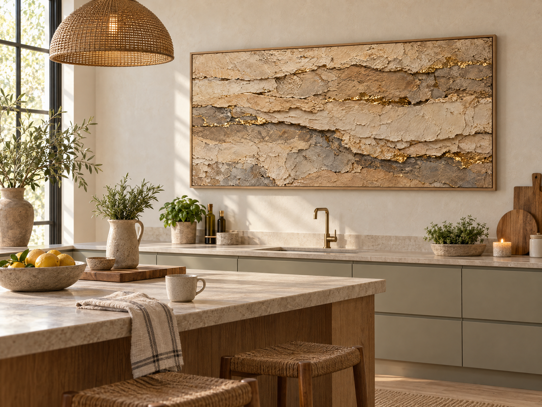 Sandstone and gold textured canvas in a sage and oak kitchen