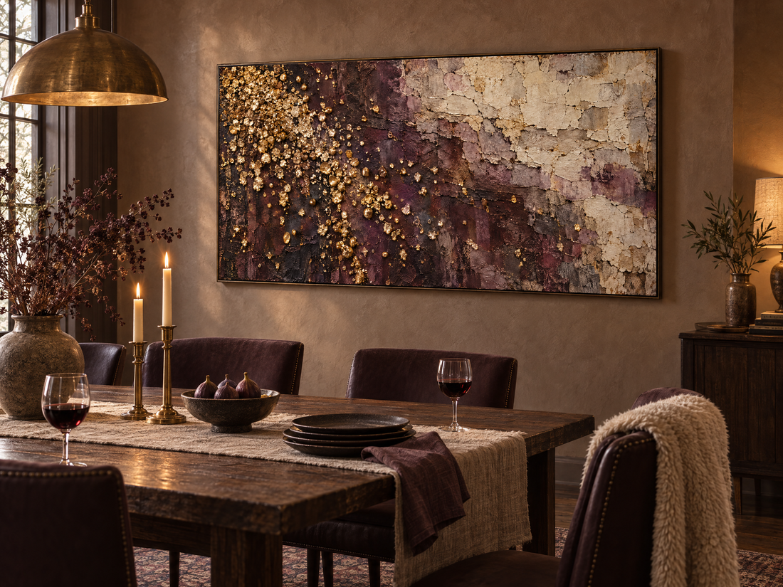 Plum and cream canvas with gold leaf above a walnut dining table