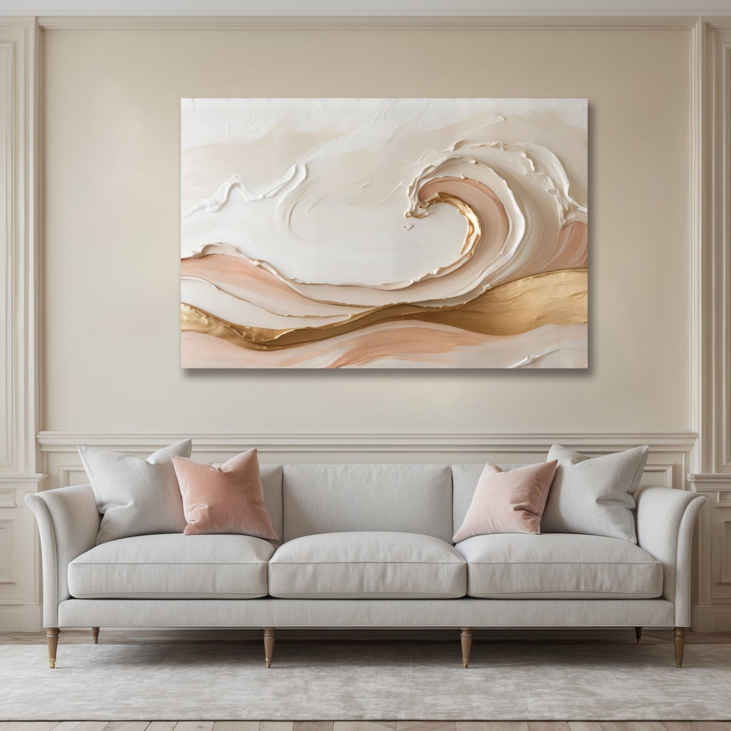 Golden Wave Abstract Wall Art – Modern Neutral & Gold Canvas Print for Living Room Décor