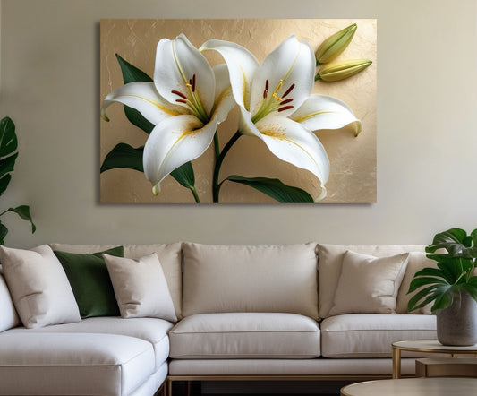White Lily Wall Art – Flat Canvas Print with Elegant Floral Design on Gold Background