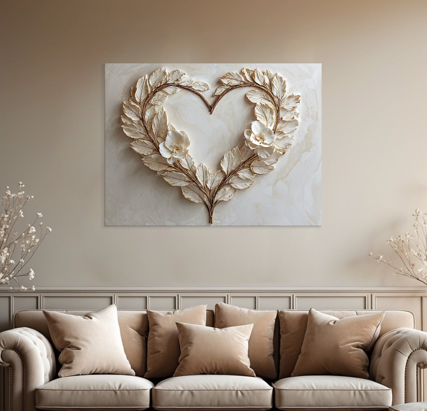Romantic Leaf Heart Wall Art – Elegant Neutral Floral Canvas for Bedroom Decor